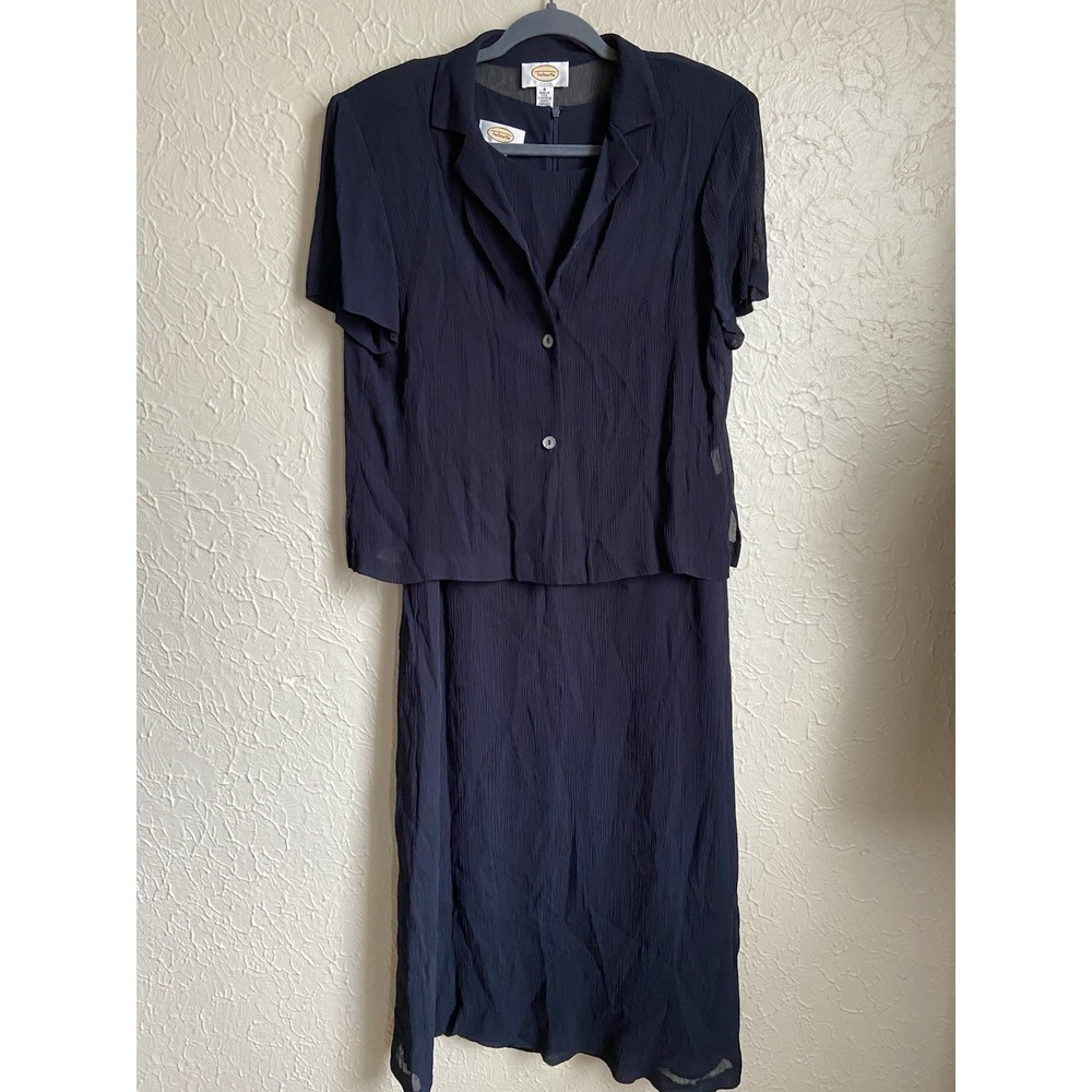 Vintage Talbots Dress Womens Sz 8 Crinkle Textured Modest Navy Bolero Set Church